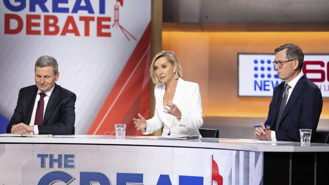 Chris Uhlmann, Deborah Knight and David Crowe on last night’s leaders’ debate panel. Picture: Alex Ellinghausen/Getty Images