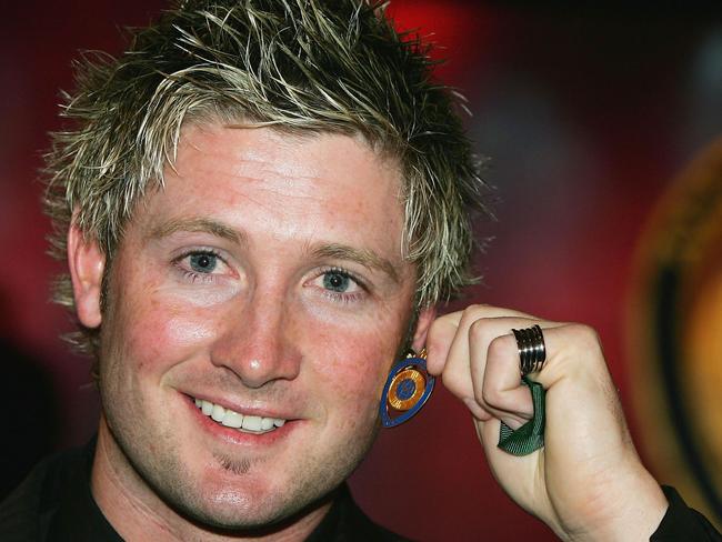 Michael Clarke is awarded the Allan Border Medal during the 2005 Allan Border Medal Dinner held at Crown Casino on January 31, 2005, in Melbourne. Picture: Robert Cianflone/Getty