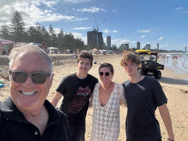 Australian Stephanie Atkinson, her husband Bruce Mann and their sons Gabriel and Sebastian don't know if their LA home has survived the horror fires. Picture: Supplied