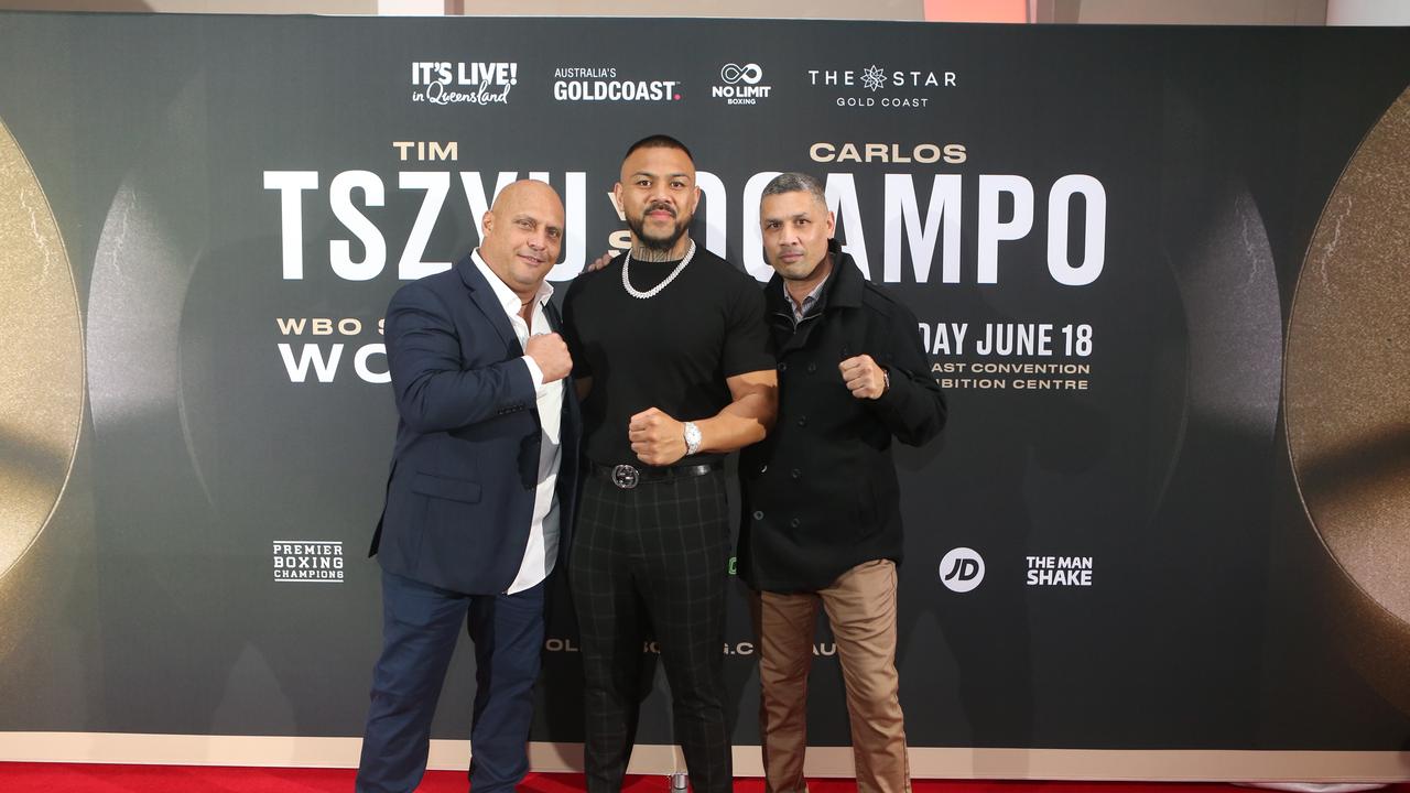 Tim Tszyu v Carlos Ocampo fight launch party, Nineteen at the Star, Broadbeach. (L-R) are Tony Del Vecchio, Liam Talivaa and Virgil Kalakoda.Picture by Richard Gosling