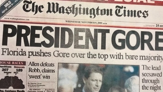 The photoshopped image of the Washington Times showing Al Gore winning the 2000 election. Picture: Twitter.