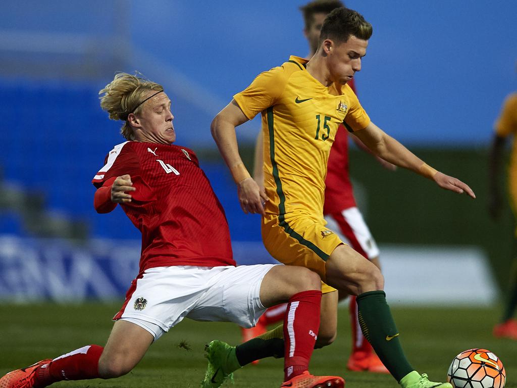 Hrustic playing for the Australian under-21s against Austria in 2017. Picture: Manuel Queimadelos Alonso/Getty Images