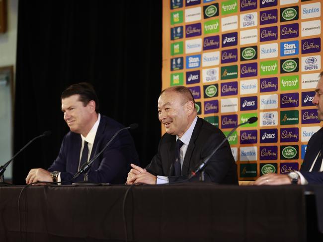 DAILY TELEGRAPH. JANUARY 31, 2023. Pictured at Matraville Sports High School today is new Wallabies head coach Eddie Jones during a press conference with Chairman of Australian Rugby Union Hamish McLennan, and CEO of Australian Rugby Union Andy Marinos, to announce his appointment. Picture: Tim Hunter.