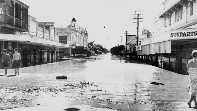 Kent and Bazaar Streets during the 1955 flood, Maryborough. Floodwaters overwhelm Maryborough’s streets in this dramatic scene. Source: Maryborough Wide Bay &amp; Burnett Historical Society