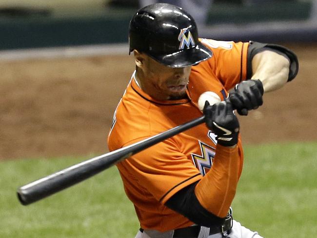 Moments after Giancarlo Stanton was struck in the face by a pitch from Mike Fiers of the Milwaukee Brewers.