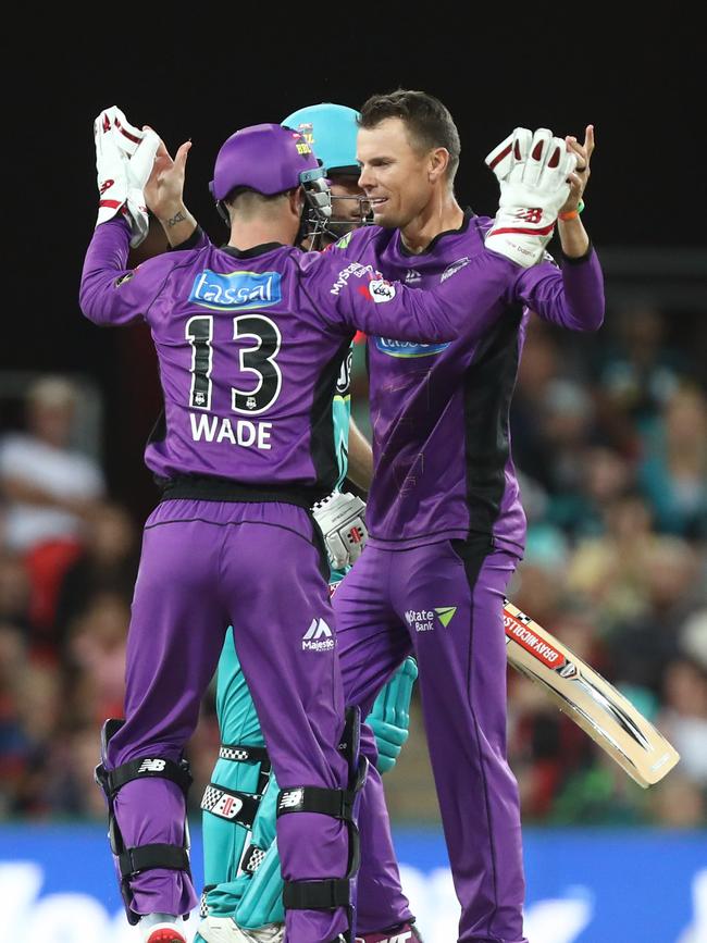 Johan Botha of the Hurricanes celebrates a wicket during the Brisbane Heat v Hobart Hurricanes Big Bash League Match at Metricon Stadium, Gold Coast. Picture: CHRIS HYDE/GETTY IMAGES