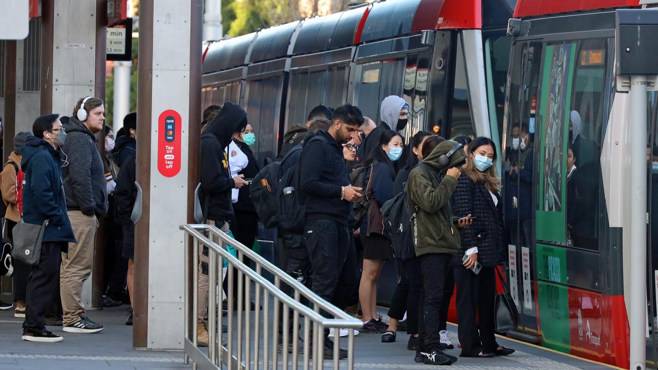 Queues at the light rail grew as Sydney’s rail network struggled during peak hour. Picture: NCA NewsWire/Nicholas Eagar