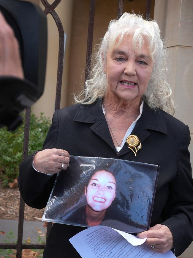 Andrea Foster, mother of Michelle Foster, gives a statement to media outside the Coroners Court. Picture: Dean Martin