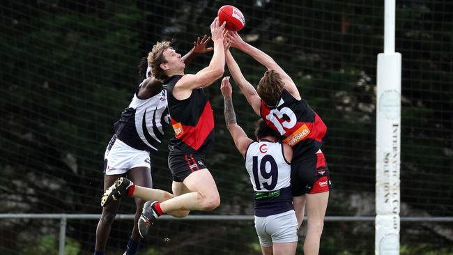 Riddell’s Ben Sonogan flies for the ball. Picture: George Sal