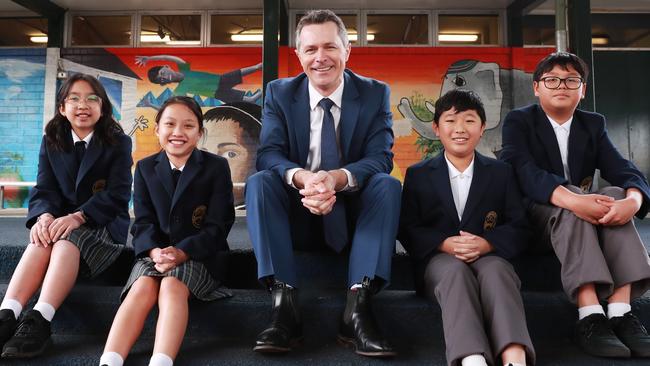 Year 6 students Mia Nguyen, Makayla Pham, Education Minister Jason Clare, Matthew Huor and Vinh Nguyen. Picture: John Feder/The Australian