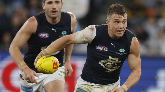 Patrick Cripps of the Blues bursts out of the middle. Picture: Michael Klein