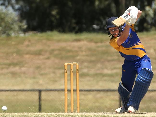 Luke Denny of Taylors Lakes plays a classical drive. Picture: Hamish Blair