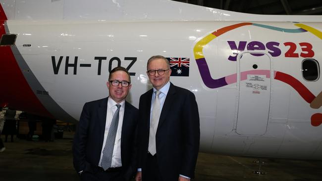 Prime Minister Anthony Albanese and Qantas CEO Alan Joyce attend the launch of the Qantas 'Yes' Campaign in Sydney in August. Picture: NCA Newswire/Gaye Gerard