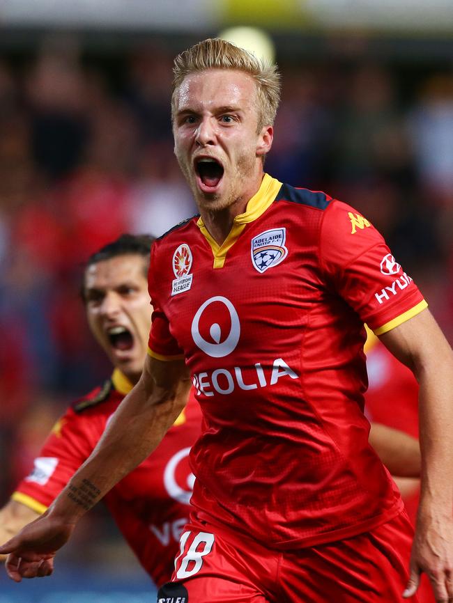 Former Adelaide United talent Jimmy Jeggo after scoring for the Reds. Picture: Sarah Reed.