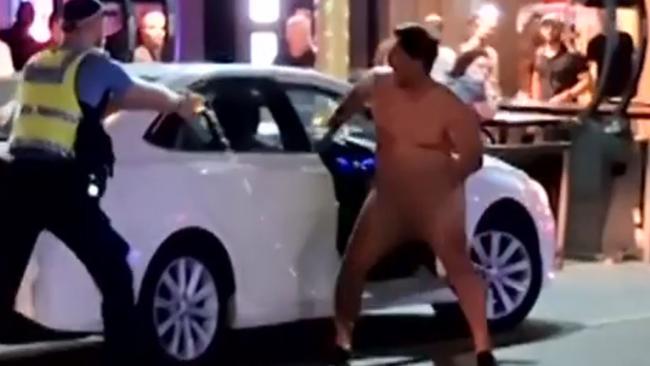 Puhi Clark, 23, the man who went on a naked rampage through a Perth night spot. appeared in the Perth Magistrates Court to face several charges after he tried to carjack an Uber and assault an police officer. Picture: 7News