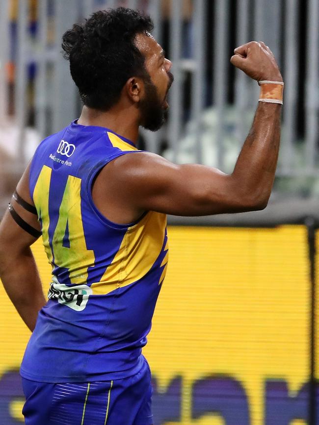 Willie Rioli celebrates after kicking a goal. Picture: Will Russell/AFL Photos via Getty Images