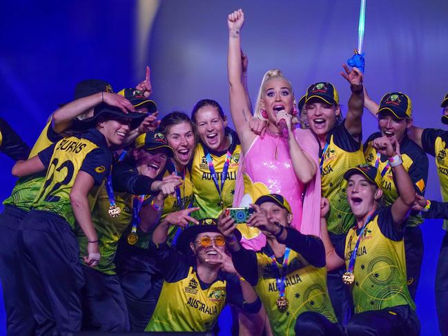 Katy Perry performs with the Australian women's cricket team after the Women's T20 World Cup final match in March 2020. Picture: AAP Image/Scott Barbour.