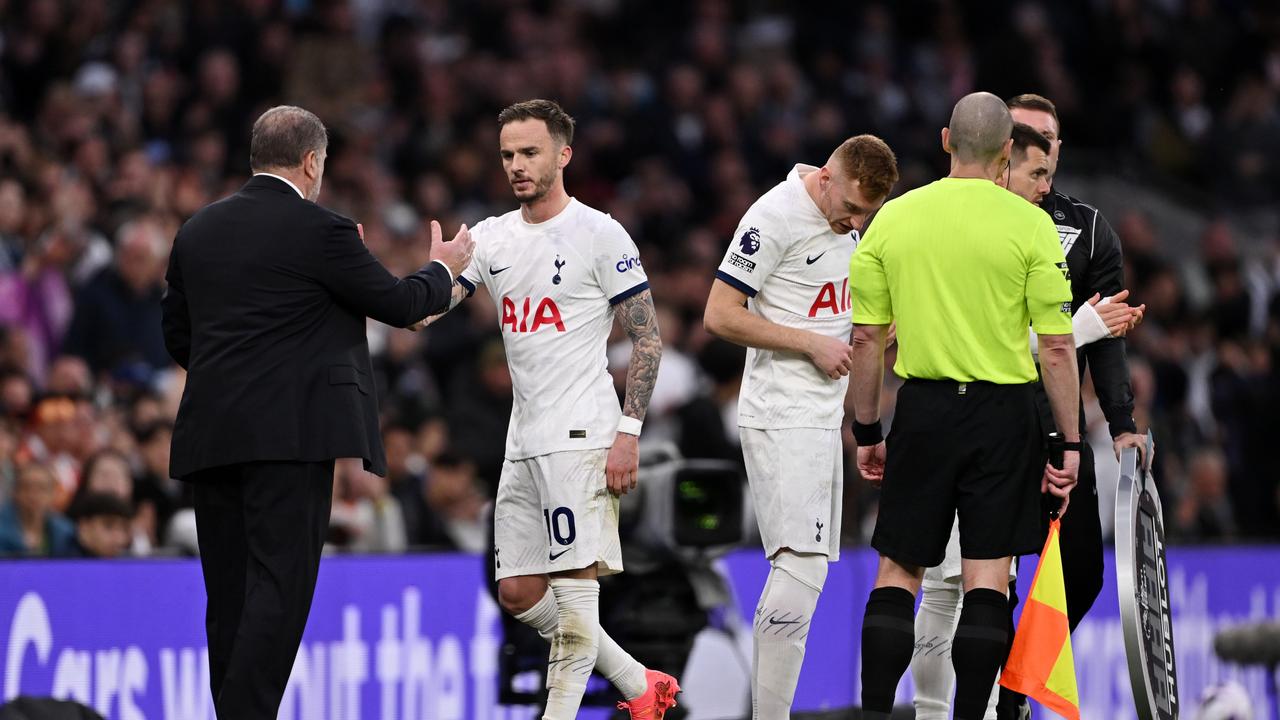 Maddison shakes hands with Postecoglou in their 3-1 win over Nottingham Forest.