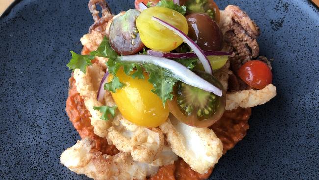 Fried squid, romesco, tomato salad at St Hugo cellar door, Barossa Valley