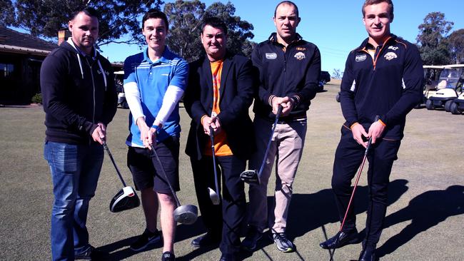 Boxing champion Daniel Geale, Josh Webster, 24 Hour Fight Against Cancer Macarthur chairman Warren Morrison, former Tigers player John Skandalis and current player Jacob Littl tee off at the Gabe O'Flaherty Golf Day on Monday. Picture: Angelo Velardo