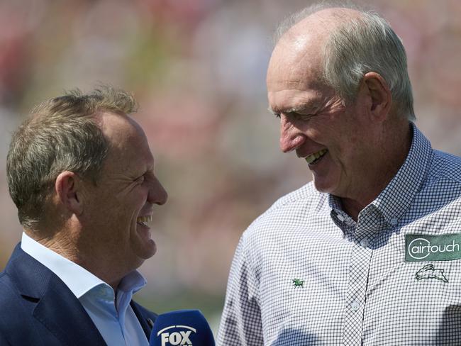 WOLLONGONG, AUSTRALIA - MARCH 15: Kevin Walters interviews Wayne Bennett, coach of the Rabbitohs during the round two NRL match between St George Illawarra Dragons and South Sydney Rabbitohs at WIN Stadium, on March 15, 2025, in Wollongong, Australia. (Photo by Brett Hemmings/Getty Images)