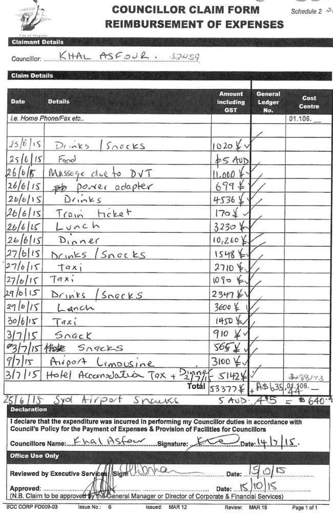 An expenses claim from Labor candidate Khal Asfour's council trip to Tokyo in 2015, where he claimed back more than $120 for a 