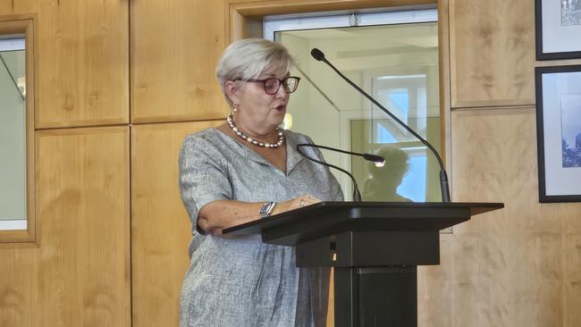 Maree Garrigan took to the dais to thank those who came to help her wraps up over 40 years in Northern Territory education. Picture: Jordan McCarthy