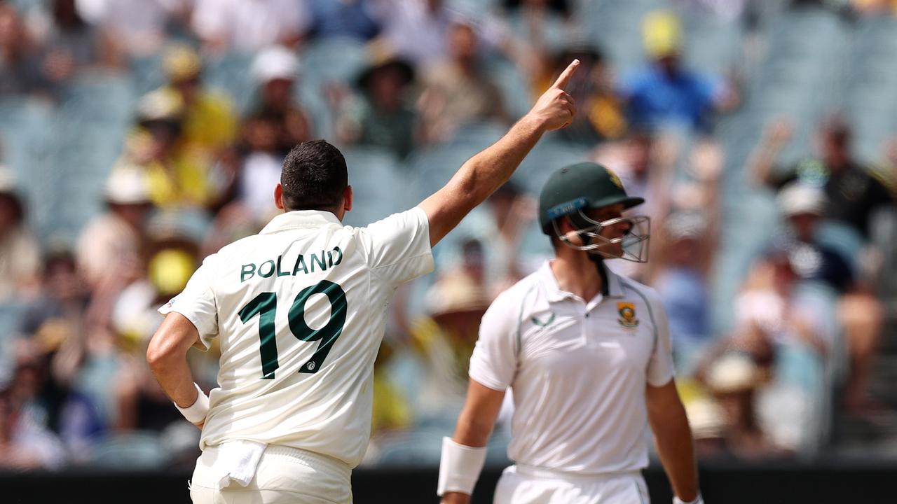 Scott Boland enjoys a wicket on day one. Picture by Michael Klein