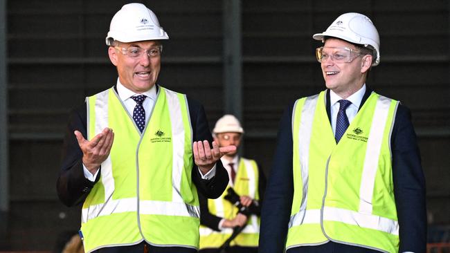 Defence Minister Richard Marles and Britain's Secretary of State for Defence Grant Shapps during a tour of the Osbourne Naval Shipyards in Adelaide in March. Picture: Michael Errey/AFP