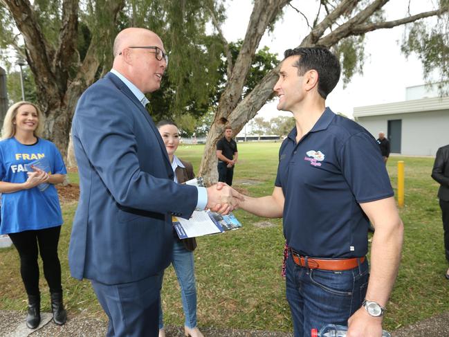 Peter Dutton and David Crisafulli outside the meeting. Picture: Mike Batterham.