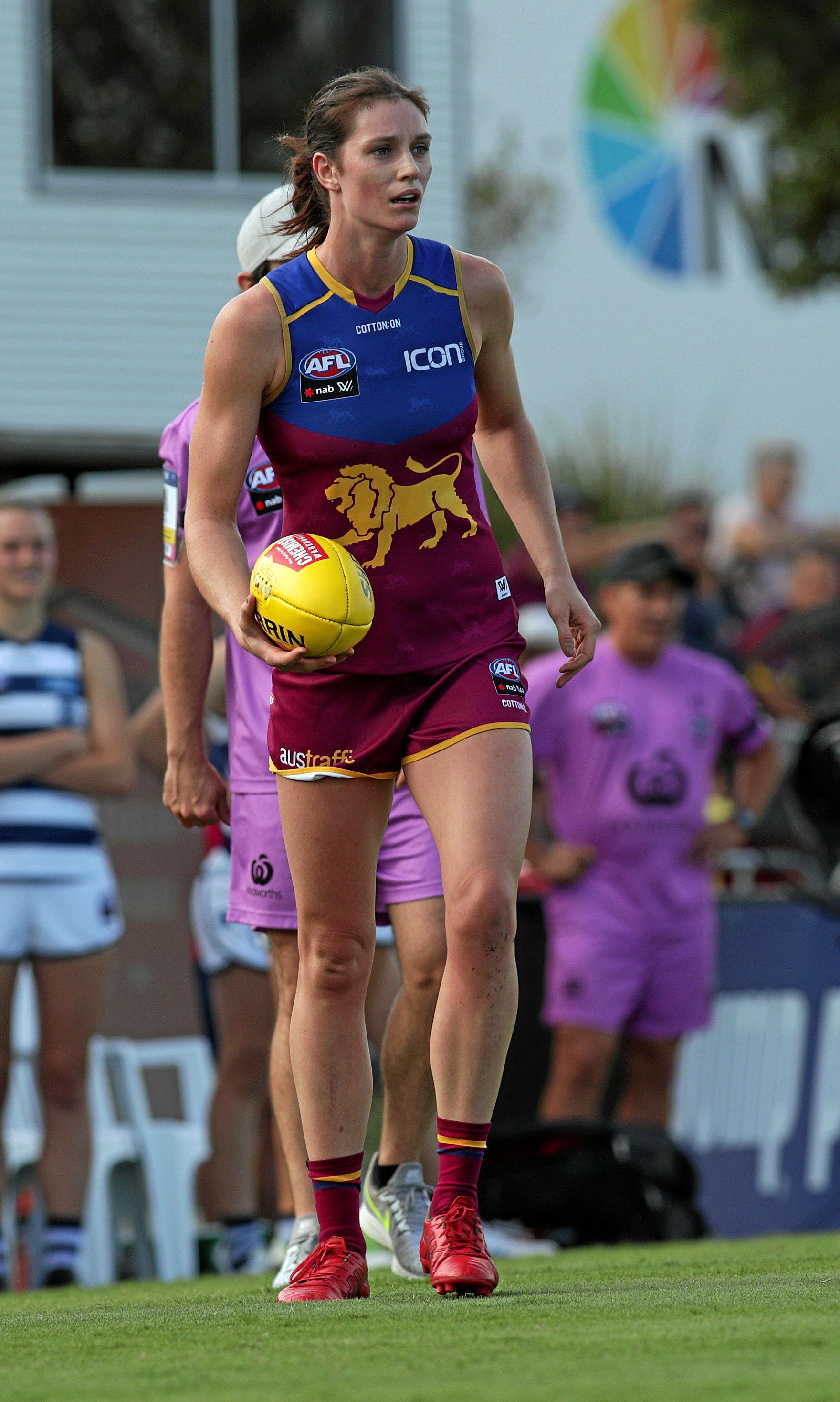 Jessy Keeffe (in action against Geelong) has credited her AFLW Team of the Week nod to her training regimen and the connection with her Brisbane Lions teammates. Picture: David Layden