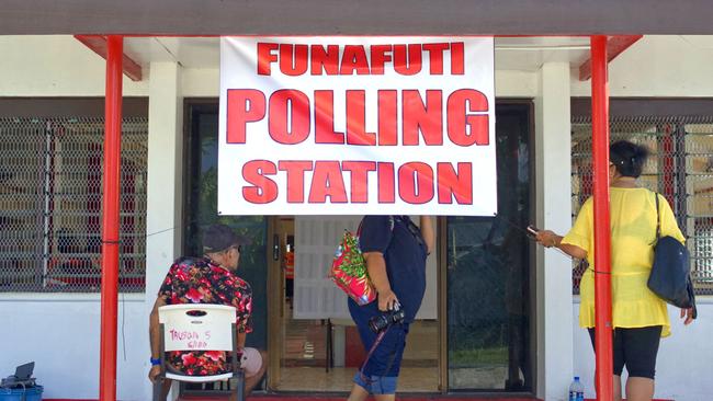 Voters enter a polling station on election day in Funafuti, Tuvalu. Photo: Sam Pedro / AFP