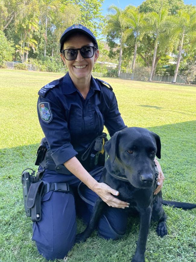 Drug detection dog Violet, 8, with handler Senior Constable Julie Butler. Picture: Leighton Smith.