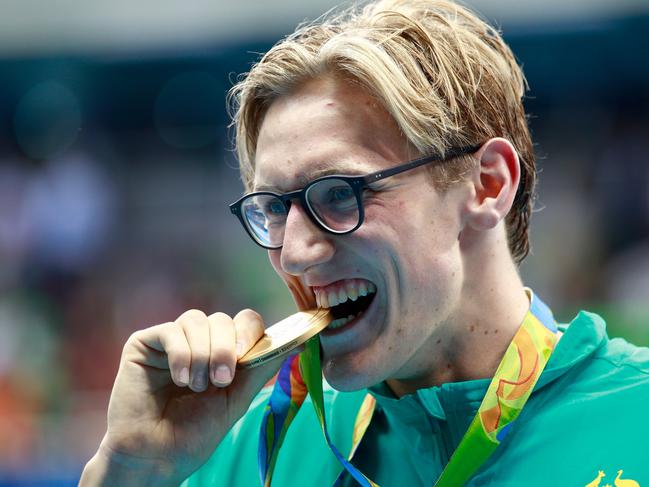 RIO DE JANEIRO, BRAZIL - AUGUST 06: Gold medalist Mack Horton of Australia poses during the medal ceremony for the Final of the Men's 400m Freestyle on Day 1 of the Rio 2016 Olympic Games at the Olympic Aquatics Stadium on August 6, 2016 in Rio de Janeiro, Brazil. (Photo by Adam Pretty/Getty Images)