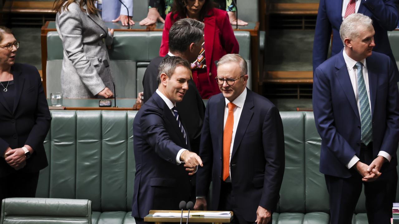 Jim Chalmers is seen speaking to Anthony Albanese. Picture: NCA NewsWire/ Dylan Robinson