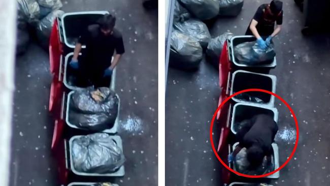 A HungryJack's employee in Melbourne is seen knee-deep in a rubbish bin in a TikTok video. Picture: TikTok/ElizabethSouth4