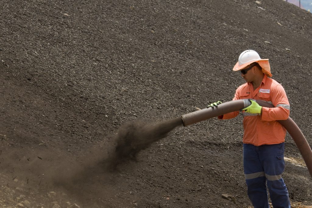 Peni Toia sprays the seed-laced mulch on the roadside. Picture: Kevin Farmer