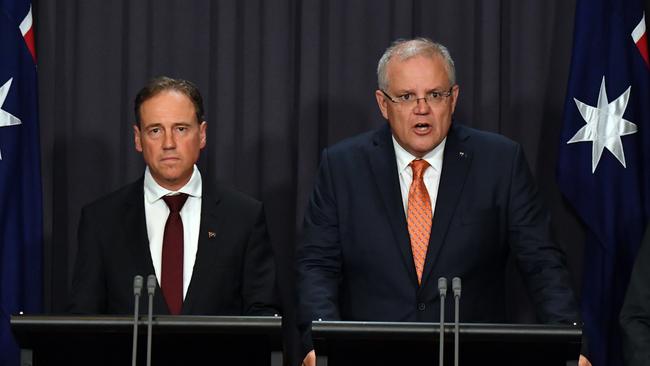 Minister for Health Greg Hunt, left, and Prime Minister Scott Morrison, right, say the medical response is critical in trying to get ahead of the spread of the coronavirus. Picture: AAP