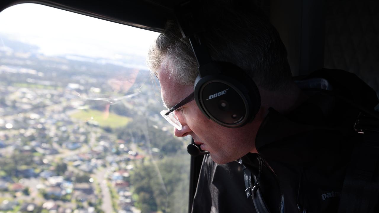 The Premier views the floods in the Hunter Region in a chopper on Friday morning with Minister for Emergency Services and Flood Recovery Steph Cooke. Picture: David Swift