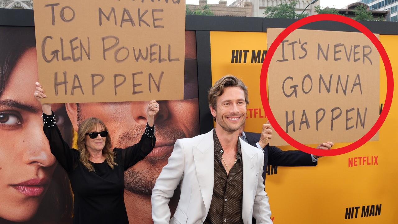 Glen Powell attends the premiere of his new movie Hit Man and gets a roasting from his parents. Picture: Hubert Vestil/Getty Images