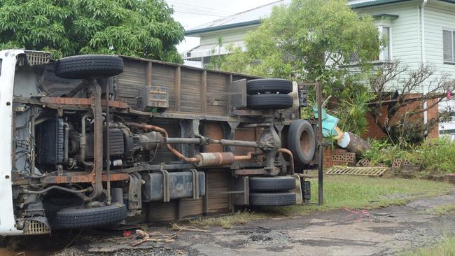 A removalist truck was turned over on Crown Street on Friday Picture: Nicholas Rupolo.