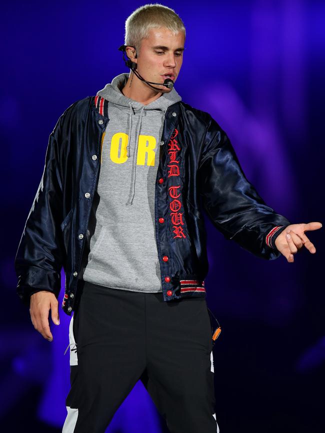 Justin Bieber on stage during his concert at Sydney’s ANZ Stadium. (Picture: Jonathan Ng)