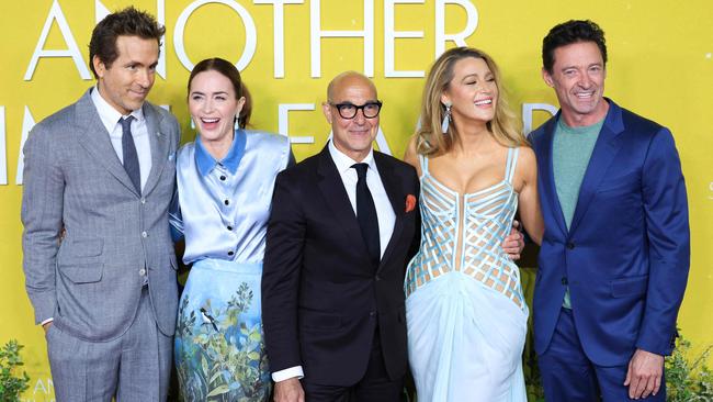 Ryan Reynolds and Blake Lively posing with their close pals Emily Blunt, Hugh Jackman and Stanley Tucci. Picture: Getty.