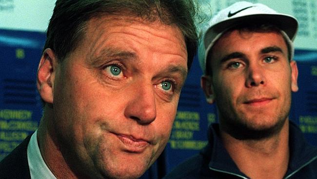 Miller faces the media with Wayne Carey in 1996. Source: Supplied