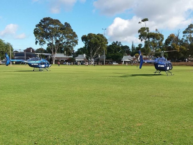 Helicopters land on Walkerville Oval in between football games for a bridalparty on Saturday, May 19. Source: Facebook.