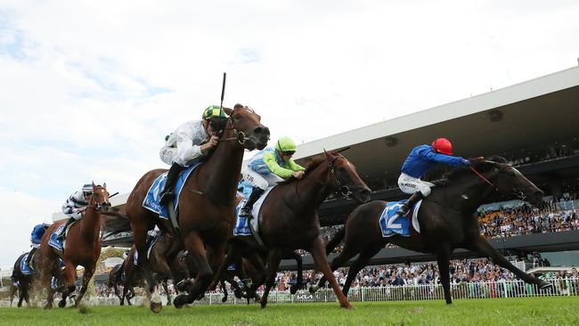 Kerrin McEvoy rides Zapateo to victory over Sunshine In Paris in the Group 1 Galaxy Picture: Jeremy Ng/Getty Images