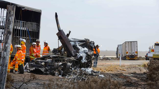 Two truck drivers died in this crash involving B-double trucks on the Pt Augusta Highway on April 19 … forty people have lost their lives on SA roads since January 1. Picture: AAP Image/Brenton Edwards