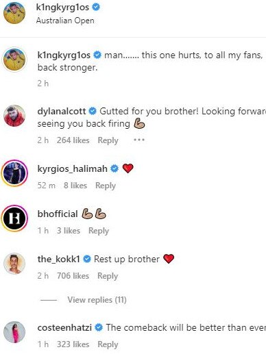 Nick Kyrgios receives support on Instagram.