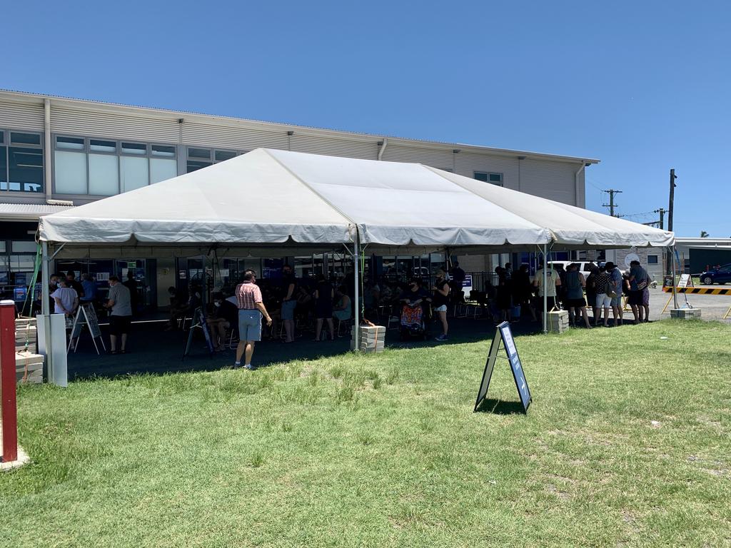 The vaccination clinic at Mackay Showgrounds was overrun on Tuesday morning with people seeking a Covid-19 booster shot. Picture: Rae Wilson