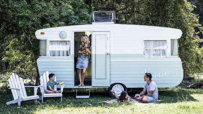 The Duffys with their charmingly made-over caravan, Vonnie. Pictures: White Knight